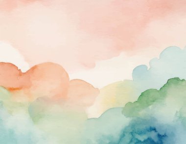 Yumuşak, rüya gibi suluboya arka plan soyut doğal manzara içeren yeşil, mavi ve şeftali rengi. Huzurlu sanatsal doku.