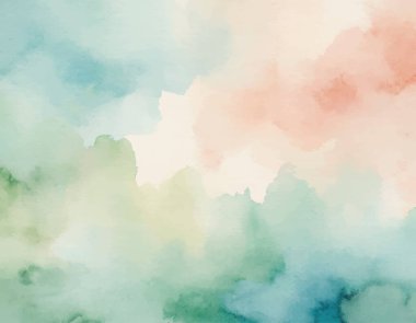 Yumuşak, rüya gibi suluboya arka plan soyut doğal manzara içeren yeşil, mavi ve şeftali rengi. Huzurlu sanatsal doku.