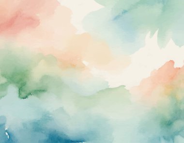 Yumuşak, rüya gibi suluboya arka plan soyut doğal manzara içeren yeşil, mavi ve şeftali rengi. Huzurlu sanatsal doku.