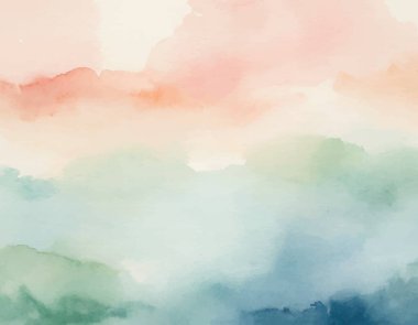 Yumuşak, rüya gibi suluboya arka plan soyut doğal manzara içeren yeşil, mavi ve şeftali rengi. Huzurlu sanatsal doku.