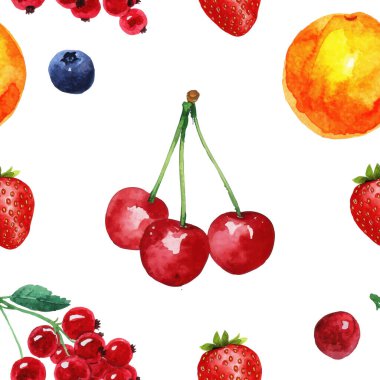  Elle boyanmış suluboya kirazlar, çilekler, yabanmersinleri ve beyaz arka planda kırmızı frenk üzümü ile canlı ve pürüzsüz desen. Taze ve tatlı.