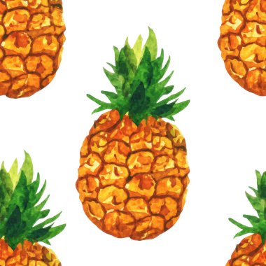 Elle boyanmış suluboya ananaslar ve temiz beyaz arka planda yeşil kapaklı parlak, pürüzsüz desenler. Tropikal ve taze tasarım.