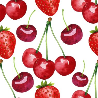 Elle boyanmış suluboya kırmızı kirazlar ve temiz beyaz arka planda canlı çilekler. Yaz tasarımları için mükemmel..