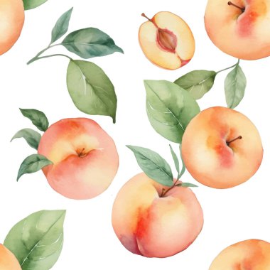  Elle boyanmış suluboya şeftali rengi ve beyaz arka planda taze yeşil yapraklarla kusursuz bir desen. Tatlı ve doğal tasarım.