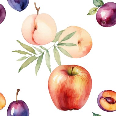  Elle boyanmış suluboya elmalar, şeftaliler ve beyaz arka planda yeşil yapraklı erikler içeren pürüzsüz desenler. Tatlı ve doğal meyve karışımı.