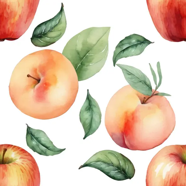  Elle boyanmış suluboya elmalar ve şeftalilerle, beyaz arka planda taze yeşil yapraklarla enfes, pürüzsüz bir desen. Yaz meyve tasarımı.