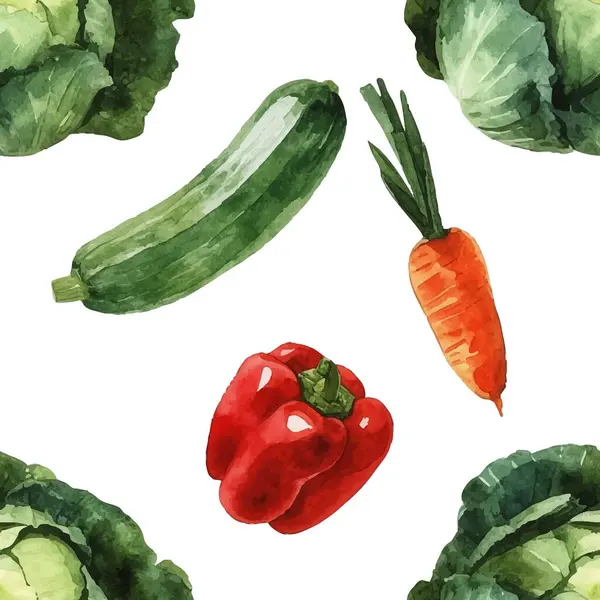 Temiz beyaz arka planda elle boyanmış suluboya lahana, kabak, havuç ve kırmızı dolma biber ile sağlıklı ve pürüzsüz bir desen. Bahçe taze teması.