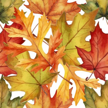 Elle boyanmış suluboya sonbahar yapraklarının çeşitli tonlarında kırmızı, turuncu ve sarı renklerde canlı ve pürüzsüz desenleri var. Sonbahar tasarımları için mükemmel.