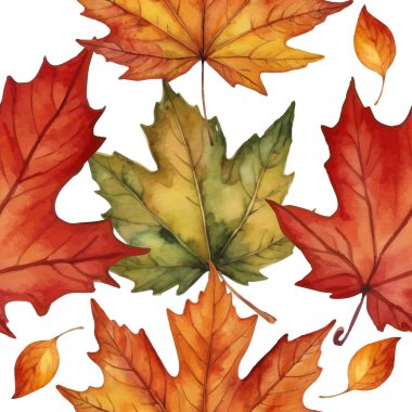 Elle boyanmış suluboya sonbahar yapraklarının çeşitli tonlarında kırmızı, turuncu ve sarı renklerde canlı ve pürüzsüz desenleri var. Sonbahar tasarımları için mükemmel.
