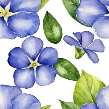 Detaylı merkezleri, canlı yeşil yaprakları ve şeffaf arka planda tomurcukları olan elle boyanmış mor renkli suluboya çiçekleri içeren zarif, pürüzsüz bir desen. Bitki tasarımı.