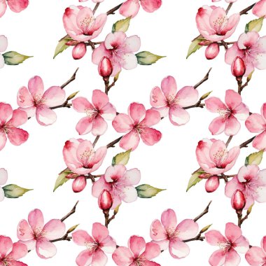  Elle boyanmış suluboya pembe kiraz çiçekleri, tomurcuklar ve yapraklardan oluşan zarif, pürüzsüz bir desen. Bahar temalı tasarımlar ve düğün kırtasiyesi için mükemmel..