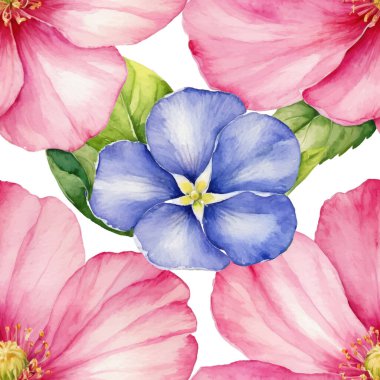 Elle boyanmış suluboya pembe ve mavi çiçekli şeffaf yapraklı zarif, pürüzsüz desenler. Tekstil, kırtasiye, baskı için ideal.