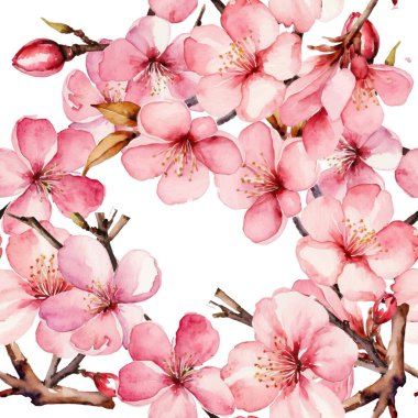  Elle boyanmış suluboya pembe kiraz çiçekleri, tomurcuklar ve yapraklardan oluşan zarif, pürüzsüz bir desen. Bahar temalı tasarımlar ve düğün kırtasiyesi için mükemmel..