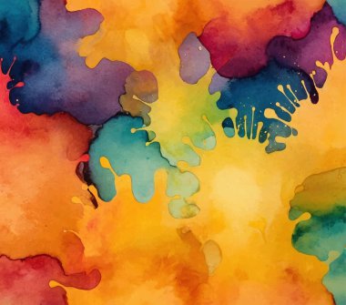 Renkli boya sıçramaları ve sıvı dokuları olan canlı suluboya arkaplan. Sanatsal çokrenkli desen tasarım, baskı veya yaratıcı projeler için mükemmeldir.