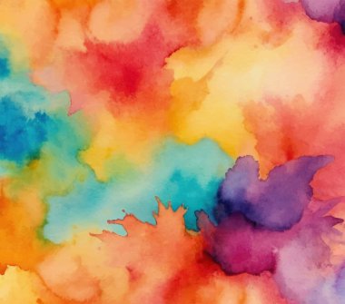 Renkli boya sıçramaları ve sıvı dokuları olan canlı suluboya arkaplan. Sanatsal çokrenkli desen tasarım, baskı veya yaratıcı projeler için mükemmeldir.