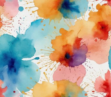 Renkli boya sıçramaları ve sıvı dokuları olan canlı suluboya arkaplan. Sanatsal çokrenkli desen tasarım, baskı veya yaratıcı projeler için mükemmeldir.
