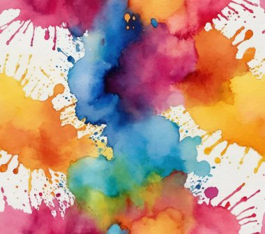 Renkli boya sıçramaları ve sıvı dokuları olan canlı suluboya arkaplan. Sanatsal çokrenkli desen tasarım, baskı veya yaratıcı projeler için mükemmeldir.
