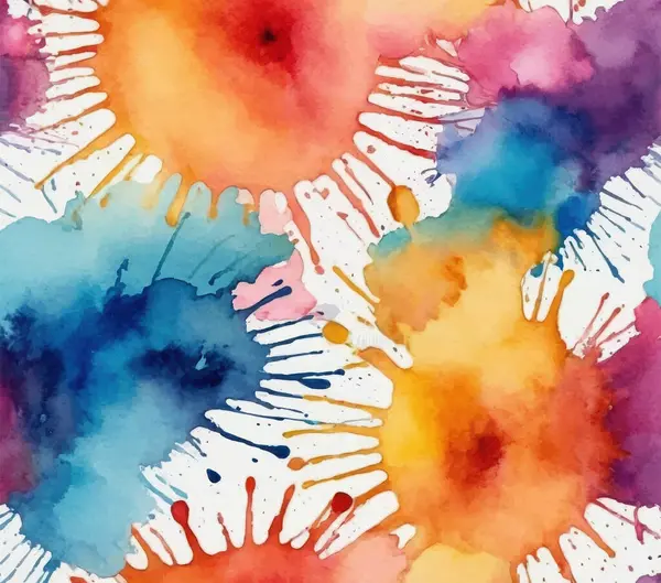 Renkli boya sıçramaları ve sıvı dokuları olan canlı suluboya arkaplan. Sanatsal çokrenkli desen tasarım, baskı veya yaratıcı projeler için mükemmeldir.