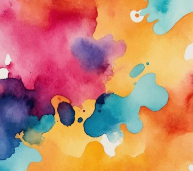 Renkli boya sıçramaları ve sıvı dokuları olan canlı suluboya arkaplan. Sanatsal çokrenkli desen tasarım, baskı veya yaratıcı projeler için mükemmeldir.