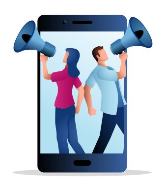Erkek ve kadın figürü cep telefonundan megafon, nüfuz, anahtar fikir liderleri, sosyal medyada pazarlama, vektör illüstrasyonu kullanarak çıkıyor.