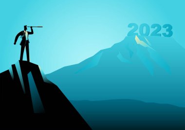 Businessman looking at the fuzziness of the year 2023 through telescope, forecast, prediction in business, vector illustration clipart