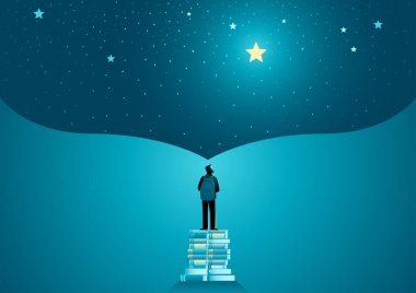 Schoolboy carrying backpack standing on pile of books with the open space above him as a representation of his big dream, vector illustration clipart