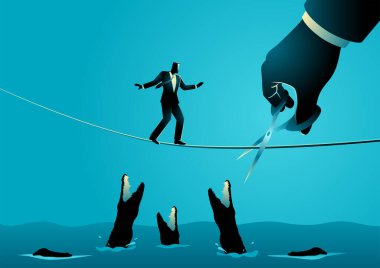 İş konsepti, timsahlarla dolu bir nehrin üzerinde halatla koşan bir işadamının çizimi, bu arada makasla dev bir el ipi kesiyor, sorunu ikiye katlıyor.