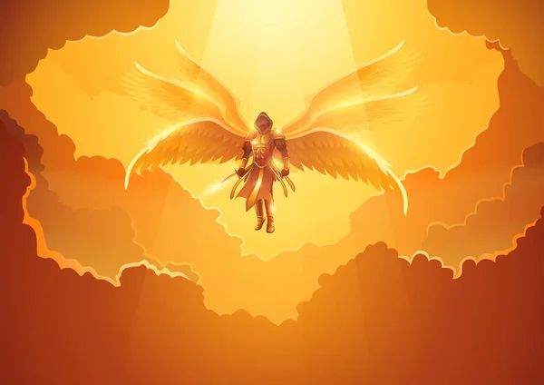 展翅六翼的大天使在开放的天空中举着剑的幻想艺术图解 — 图库矢量图片