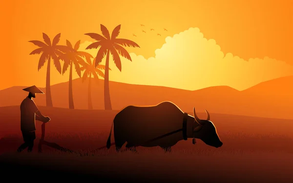 水牛を使って水田を耕す東南アジアの農家 ベクトル図 — ストックベクタ