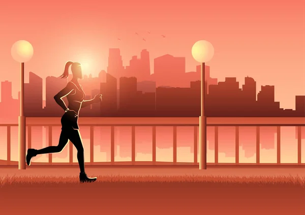 Vector Illustration Female Figure Jogging Cityscape Background — Stock Vector