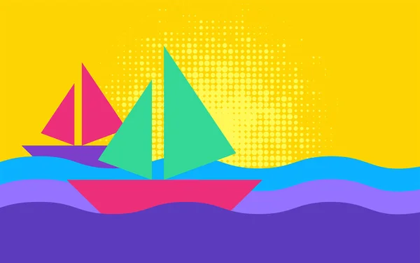概要海洋における幾何学的帆船 パンチ色のベクトル背景 — ストックベクタ