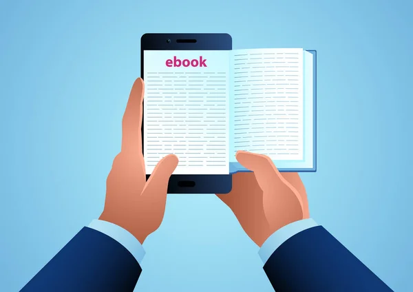 Mans Mão Segurando Livro Leitura Smartphones Livro Eletrônico Tecnologia Digital —  Vetores de Stock
