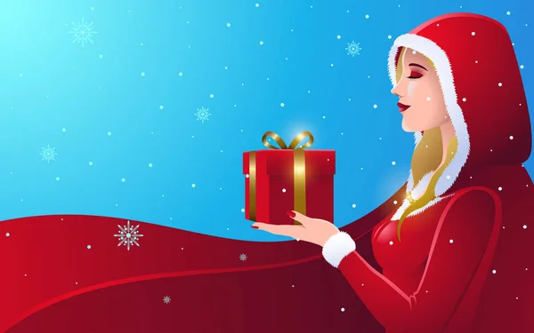 Schöne Frau Mit Blonden Langen Haaren Winter Trägt Roten Weihnachtsmannmantel — Stockvektor