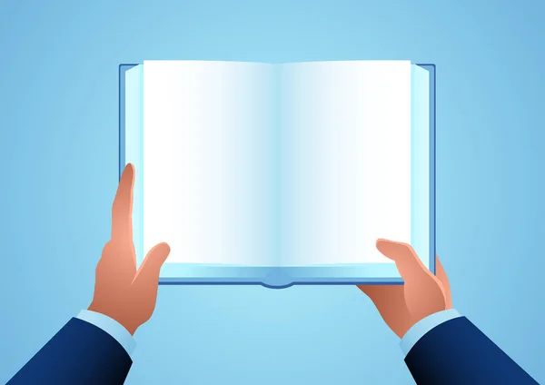 Mans Χέρι Κρατώντας Ένα Ανοιχτό Βιβλίο Διανυσματική Απεικόνιση — Διανυσματικό Αρχείο