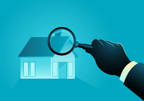 Uomo Con Lente Ingrandimento Ispezionare Una Casa Valutazione Casa Immobiliare — Vettoriale Stock