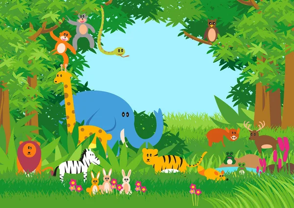 Bambini Cartone Animato Illustrazione Animali Nella Giungla Illustrazione Vettoriale — Vettoriale Stock