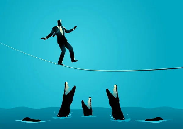 ワニでいっぱいの川に落ちないように慎重にロープの上を歩くビジネスマン ベクトルイラスト — ストックベクタ