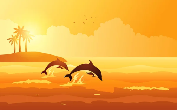 Gyönyörű Panoráma Naplemente Strandon Delfinek Játszanak Közelében Trópusi Sziget Vektor — Stock Vector