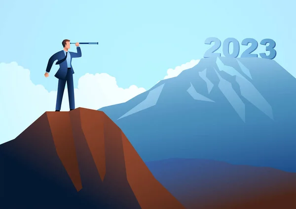 Επιχειρηματίας Κοιτάζοντας Την Ασάφεια Του Έτους 2023 Μέσα Από Τηλεσκόπιο — Διανυσματικό Αρχείο