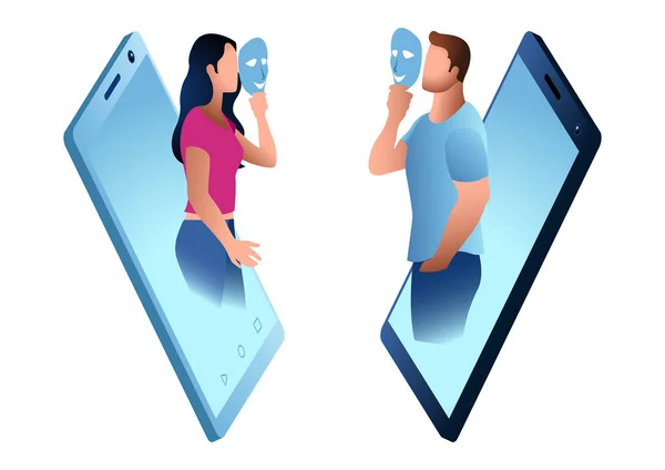 男人和女人通过智能手机用面具互相交谈 在社交媒体上造假 虚假的概念 — 图库矢量图片