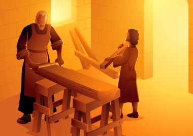 Religion vector illustration series, Saint Joseph is working as a carpenter with the boy Jesus clipart