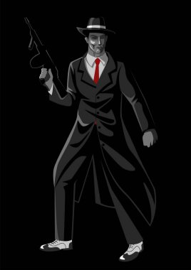Illustration of a man holding machine gun, gangster, mobster, mafia theme, art noir vector illustration style