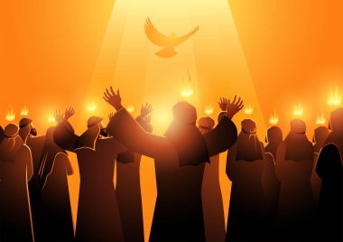 Biblical vector illustration series, Pentecost also called Whit Sunday, Whitsunday or Whitsun. It commemorates the descent of the Holy Spirit upon the Apostles and other followers of Jesus Christ clipart
