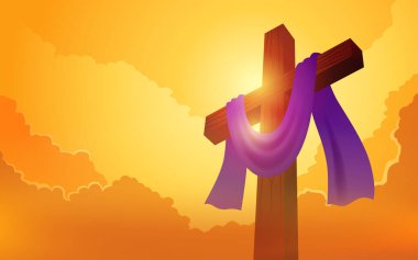 Biblical vector illustration series, wooden cross with purple sash on clouds background, for good friday, resurrection, easter, christianity theme clipart