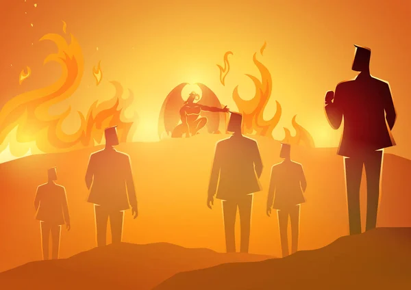 聖書のシルエットのイラストシリーズは 地獄への人々を歓迎悪魔を描いた — ストックベクタ