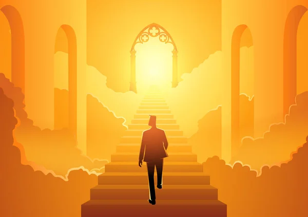 Векторна Ілюстрація Чоловіка Який Піднімається Сходах Небесних Воріт Небесні Ворота — стоковий вектор