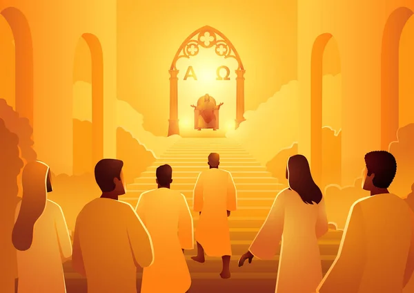 성서의 실루엣 일러스트 시리즈 예수는 천국의 왕좌에 추종자들의 도착을 환영한다 — 스톡 벡터