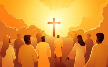 Biblical vector illustration series of people climbed the hill towards the cross. Followers, hope, God mercy concept clipart