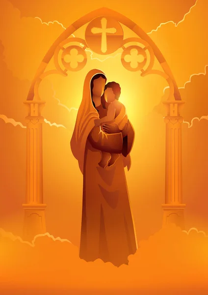 Religion Vector Illustration Series Virgin Mary Baby Jesus Gothic Gate — Stock Vector