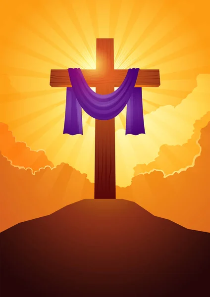 Деревянный Крест Фиолетовым Поясом Облаках Вспыхнул Свет — стоковый вектор